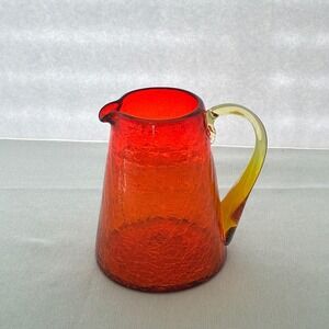 Vtg Crackle Glass Pitcher Amberina Red Orange MCM Hand Blown Kitsch Eclectic